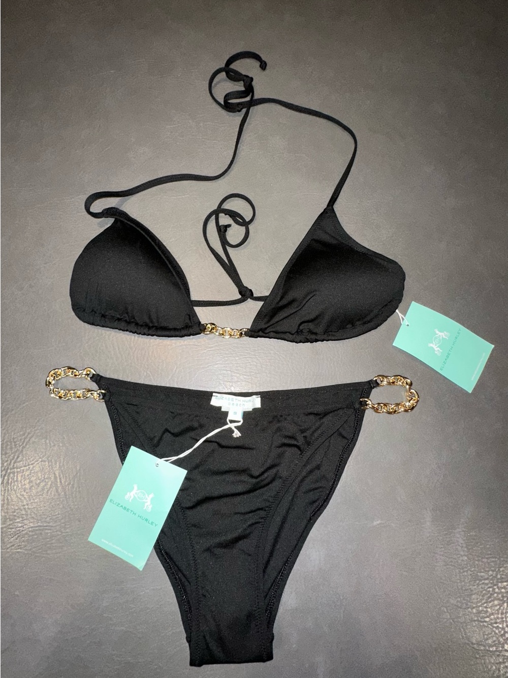 Elizabeth Hurley Black Bikini with Gold Chain Accents